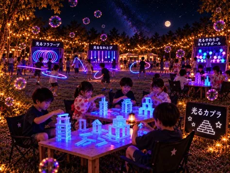 光るボールと積み木が並ぶ遊び広場
