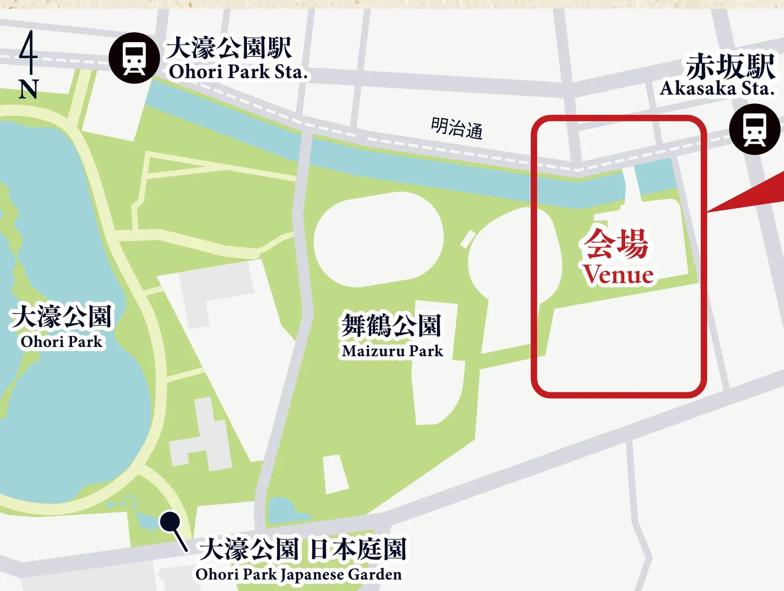 会場周辺の地図。地下鉄の大濠公園駅と赤坂駅の間、明治通に面した舞鶴公園内に会場がある。西隣は大濠公園。